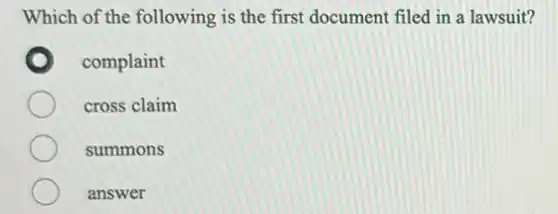 Which of the following is the first document filed in a lawsuit?
complaint
cross claim
summons
answer