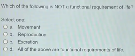Which of the following is NOT a functional requirement of life?
Select one:
a. Movement
b. Reproduction
c. Excretion
d. All of the above are functional requirements of life.