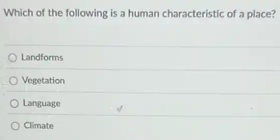 Which of the following is a human characteristic of a place?
Landforms
Vegetation
Language
Climate