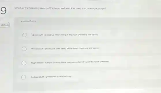 Which of the following layers of the heart and their functions are correctly matched?
Multiple Choice
Epicardium-protective inner lining of the heart chambers and valves
Pericardium-protective inner f lining of the heart chambers and valves
Myocardium-cardiac m muscle tissue that pumps blood d out of the heart chambers
Endocardium-protective outer covering