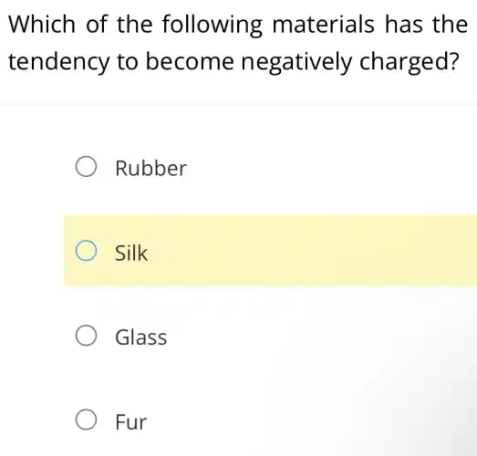 Which of the following materials has the
tendency to become negatively charged?
Rubber
Silk
Glass
Fur