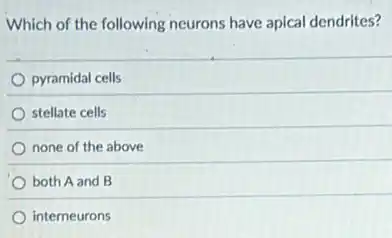 Which of the following neurons have apical dendrites?
pyramidal cells
stellate cells
none of the above
both A and B
interneurons