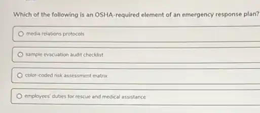 Which of the following is an OSHA-required element of an emergency response plan?
media relations protocols
sample evacuation audit checklist
color-coded risk assessment matrix
employees' duties for rescue and medical assistance