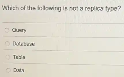 Which of the following is not a replica type?
Query
Database
Table
Data