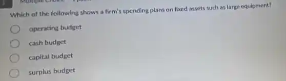 Which of the following shows a firm's spending plans on fixed assets such as large equipment?
operating budget
cash budget
capital budget
surplus budget