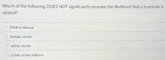 Which of the following DOES NOT significantly increase the likelihood that a homicide is
cleared?
DNA evidence
female victim
white victim
crime scene indoors