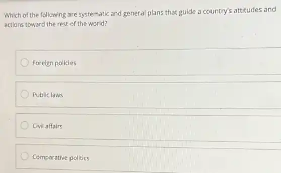 Which of the following are systematic and general plans that guide a country's attitudes and
actions toward the rest of the world?
Foreign policies
Public laws
Civil affairs
Comparative politics
