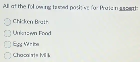 All of the following tested positive for Protein except:
Chicken Broth
Unknown Food
Egg White
Chocolate Milk