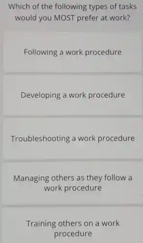 Which of the following types of tasks
would you MOST prefer at work?
Following a work procedure
Developing a work procedure
Troubleshooting a work procedure
Managing others as they follow a
work procedure
Training others on a work
procedure