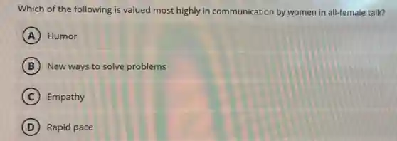 Which of the following is valued most highly in communication by women in all-female talk?
A Humor
B New ways to solve problems
C Empathy
D Rapid pace