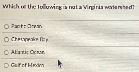 Which of the following is not a Virginia watershed?
Pacific Ocean
Chesapeake Bay
Atlantic Ocean
Gulf of Mexico