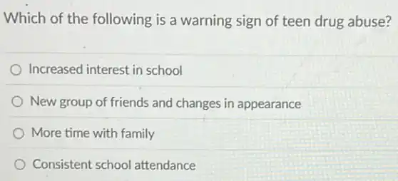 Which of the following is a warning sign of teen drug abuse?
Increased interest in school
New group of friends and changes in appearance
More time with family
Consistent school attendance
