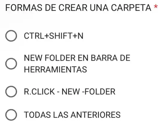 FORMAS DE CREAR UNA C ARPE TAx
CTRL+SHIFT+N
NEW FOLDEF EN BARRA DE
HERRAMIENT AS
R.CLICK - NEW -FOLDER
TODAS LAS ANTERIORES