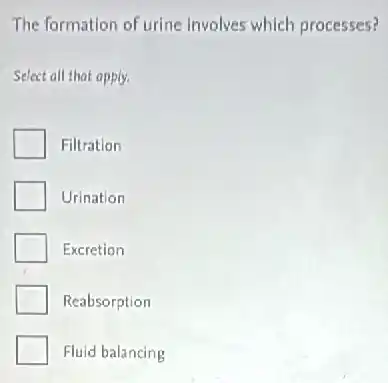 The formation of urine involves which processes?
Select all that apply.
Filtration
Urination
Excretion
Reabsorption
Fluid balancing