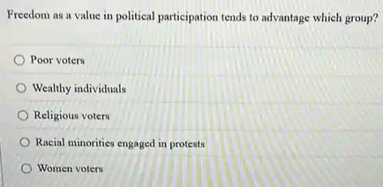 Freedom as a value in political participation tends to advantage which group?
Poor voters
Wealthy individuals
Religious voters
Racial minorities engaged in protests
Women voters