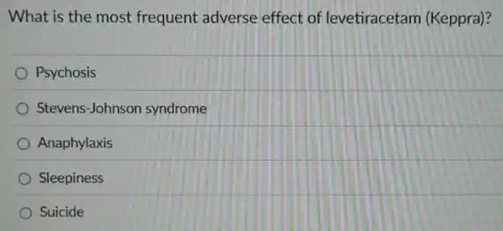 What is the most frequent adverse effect of levetiracetam (Keppra)?
Psychosis
Stevens-Johnson syndrome
Anaphylaxis
Sleepiness
Suicide