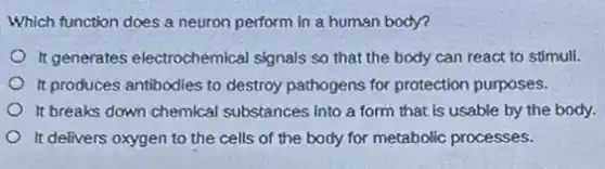 Which function does a neuron perform in a human body?
It generates electrochemical signals so that the body can react to stimuli.
It produces antibodies to destroy pathogens for protection purposes.
It breaks down chemical substances into a form that is usable by the body.
It delivers oxygen to the cells of the body for metabolic processes.