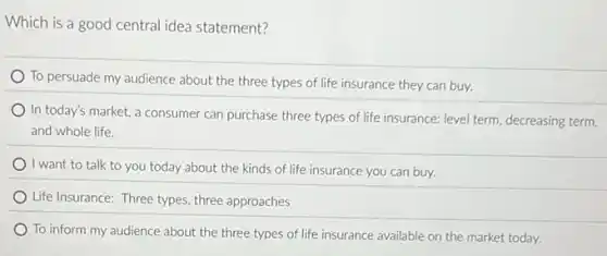 Which is a good central idea statement?
To persuade my audience about the three types of life insurance they can buy.
In today's market, a consumer can purchase three types of life insurance:level term, decreasing term,
and whole life.
I want to talk to you today about the kinds of life insurance you can buy.
Life Insurance: Three types three approaches
To inform my audience about the three types of life insurance available on the market today.