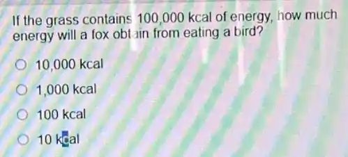If the grass contains 100,000 kcal of energy, how much
energy will a fox obtain from eating a bird?
10,000kcal
1,000 kcal
100 kcal
10 kcal