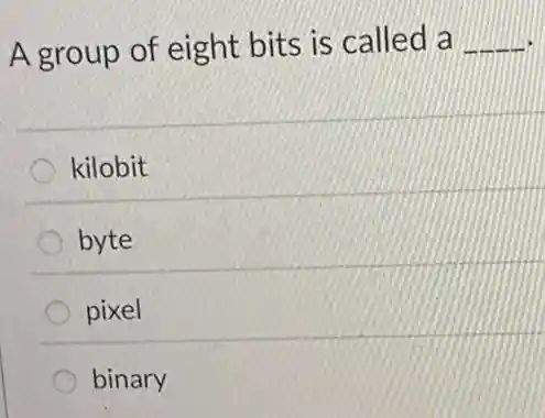 A group of eight bits is called a __
kilobit
byte
pixel
binary