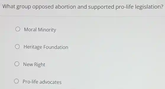 What group opposed abortion and supported pro-life legislation?
Moral Minority
Heritage Foundation
New Right
Pro-life advocates
