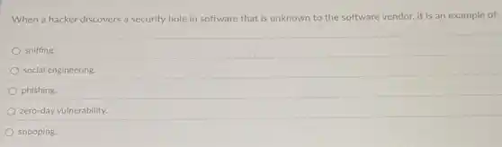 When a hacker discovers a security hole in software that is unknown to the software vendor.it is an example of:
sniffing.
social engineering.
phishing.
zero-day vulnerability.
snooping