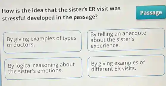 How is the idea that the sister's ER visit was
stressful developed in the passage?
By giving examples of types
of doctors.
By telling an anecdote
about the sister's
experience.
By logical reasoning about
the sister's emotions.
By giving examples of
different ER visits.