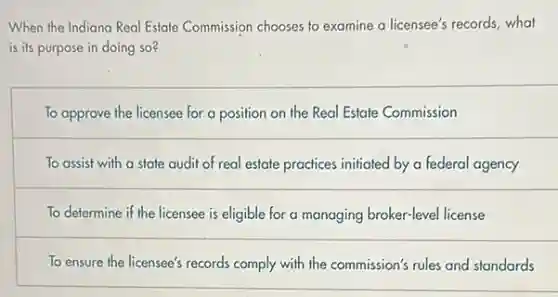 When the Indiana Real Estate Commission chooses to examine a licensee's records what
is its purpose in doing so?
To approve the licensee for a position on the Real Estate Commission
To assist with a state audit of real estate practices initiated by a federal agency
To determine if the licensee is eligible for a managing broker-level license
To ensure the licensee's records comply with the commission's rules and standards