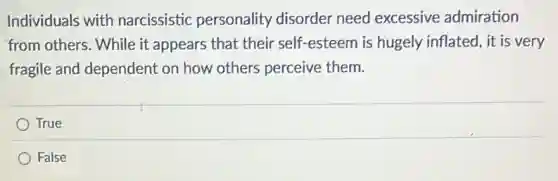 Individuals with narcissistic personality disorder need excessive admiration
from others. While it appears that their self-esteem is hugely inflated, it is very
fragile and dependent on how others perceive them.
True
False