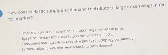 How does inelastic supply and demand contribute to large price swings in the
egg market?
Small changes in supply or demand cause large changes in price.
Egg prices remain stable due to government intervention.
Consumers react quickly to price changes by reducing egg consumption.
Farmers adjust production immediately to meet demand.