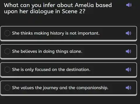 What can you infer about Amelia based
upon her dialogue in Scene 2?
She thinks making history is not important.
She believes in doing things alone.
She is only focused on the destination.
She values the journey and the companionship.