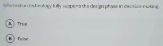 Information technology fully supports the design phase in decision-making.
A True
B False