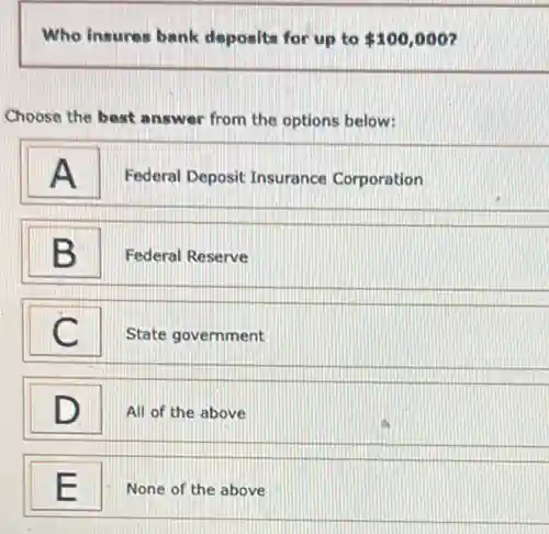 Who insures bank deposits for up to 100,000
Choose the best answer from the options below:
A
Federal Deposit Insurance Corporation
B
Federal Reserve
C
State government
D .
All of the above
E
None of the above