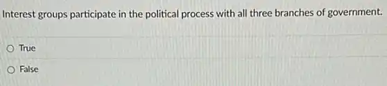Interest groups participate in the political process with all three branches of government.
True
False