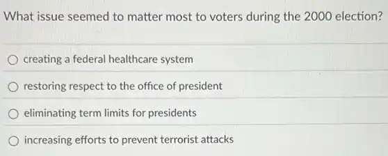 What issue seemed to matter most to voters during the 2000 election?
creating a federal healthcare system
restoring respect to the office of president
eliminating term limits for presidents
increasing efforts to prevent terrorist attacks
