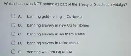 Which issue was NOT settled as part of the Treaty of Guadalupe Hidalgo?
A. banning gold-mining in California
B. banning slavery in new US territories
C. banning slavery in southern states
D. banning slavery in union states
E. banning western expansion