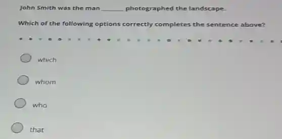 John Smith was the man __ photographed the landscape.
Which of the following options correctly completes the sentence above?
which
whom
who
that