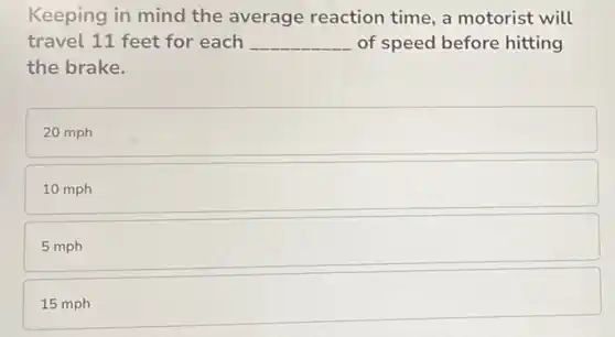 Keeping in mind the average reaction time, a motorist will
travel 11 feet for each __ of speed before hitting
the brake.
20 mph
10 mph
5 mph
15 mph