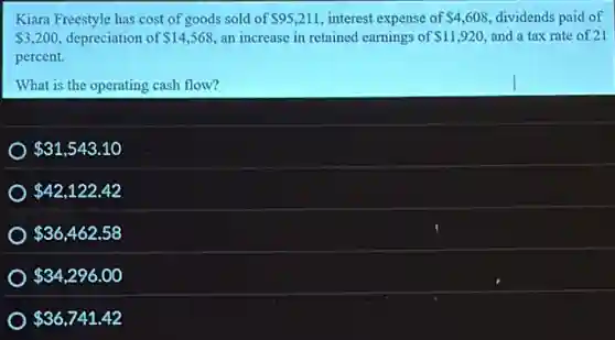 Kiara Freestyle has cost of goods sold of 95,211 interest expense of 4,608 dividends paid of
3,200 depreciation of 14,568 an increase in retained earnings of 11,920 and a tax rate of 21
percent.
What is the operating cash flow?
31,543.10
42,122.42
36,462.58
34,296.00
36,741.42