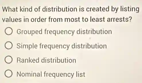 What kind of distribution is created by listing
values in order from most to least arrests?
Grouped frequency distribution
Simple frequency distribution
Ranked distribution
Nominal frequency list
