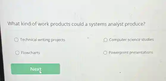 What kind:of work products could a systems analyst produce?
Technical writing projects
Computer science studies
Flowcharts
Powerpoint presentations