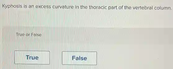 Kyphosis is an excess curvature in the thoracic part of the vertebral column.
True or False
True
False