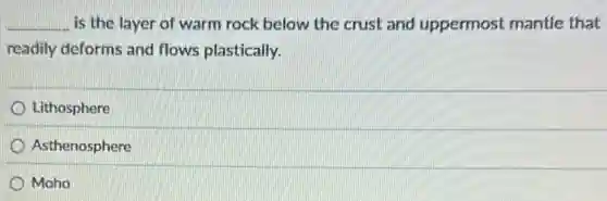 __ is the layer of warm rock below the crust and uppermost mantle that
readily deforms and flows plastically.
Lithosphere
Asthenosphere
Moho
