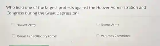 Who lead one of the largest protests against the Hoover Administration and
Congress during the Great Depression?
Hoover Army
Bonus Army
Bonus Expeditionary Forces
Veterans Committee