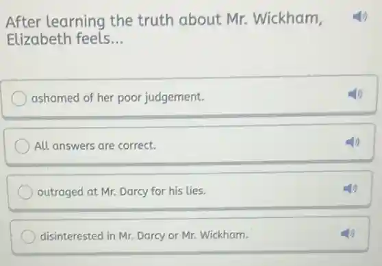 After learning the truth about Mr. Wickham
Elizabeth feels __
ashamed of her poor judgement.
All answers are correct.
outraged at Mr. Darcy for his lies.
disinterested in Mr.Darcy or Mr. Wickham.
