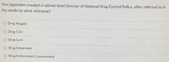 This legislation created a cabinet-level Director of National Drug Control Policy often referred to in
the media by what nickname?
Drug Kingpin
Drug Czar
Drug Lord
Drug Emperador
Drug Enforcement Commandant