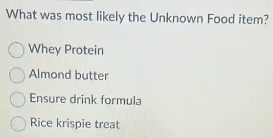 What was most likely the Unknown Food item?
Whey Protein
Almond butter
Ensure drink formula
Rice krispie treat