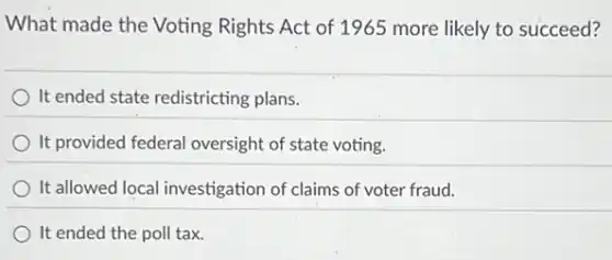 What made the Voting Rights Act of 1965 more likely to succeed?
It ended state redistricting plans.
It provided federal oversight of state voting.
It allowed local investigation of claims of voter fraud.
It ended the poll tax.