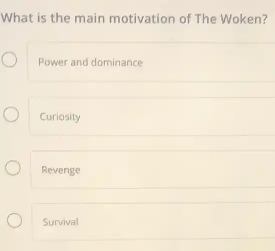 What is the main motivation of The Woken?
Power and dominance
Curiosity
Revenge
Survival