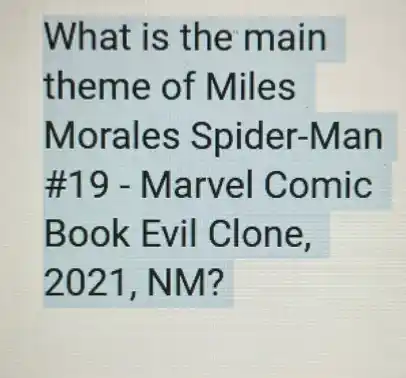 What is the main
theme of Miles
Morales Spider-Man
#19 - Marvel Comic
Book Evil Clone,
2021, NM?